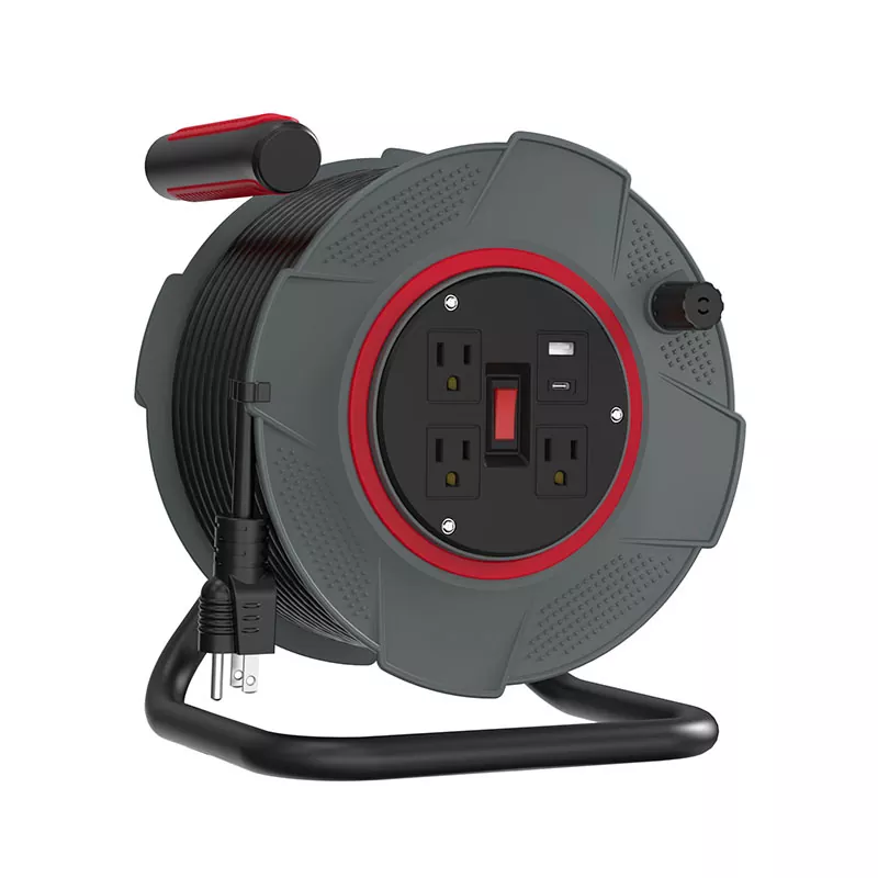 3コンセントUSBプラスチックコードリール80フィート